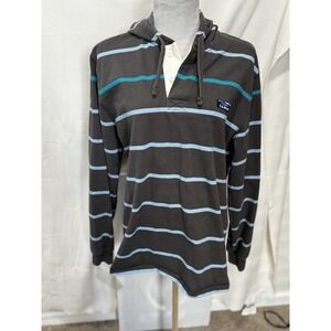 LL Bean Shirt Men's M Grey Blue Striped Lakewashed Rugby Hoodie Henley